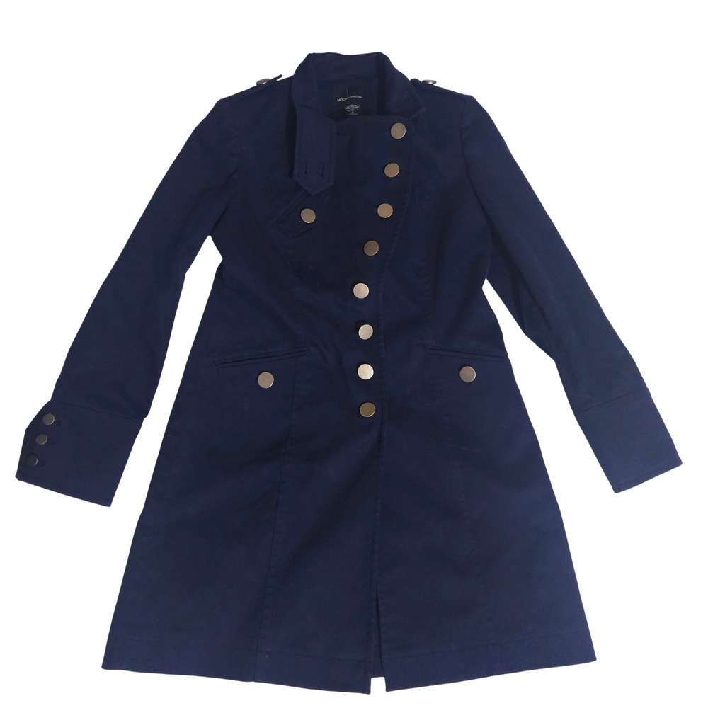 Moda International Navy Blue Military Trench Coat Asymmetrical Button Front 6
